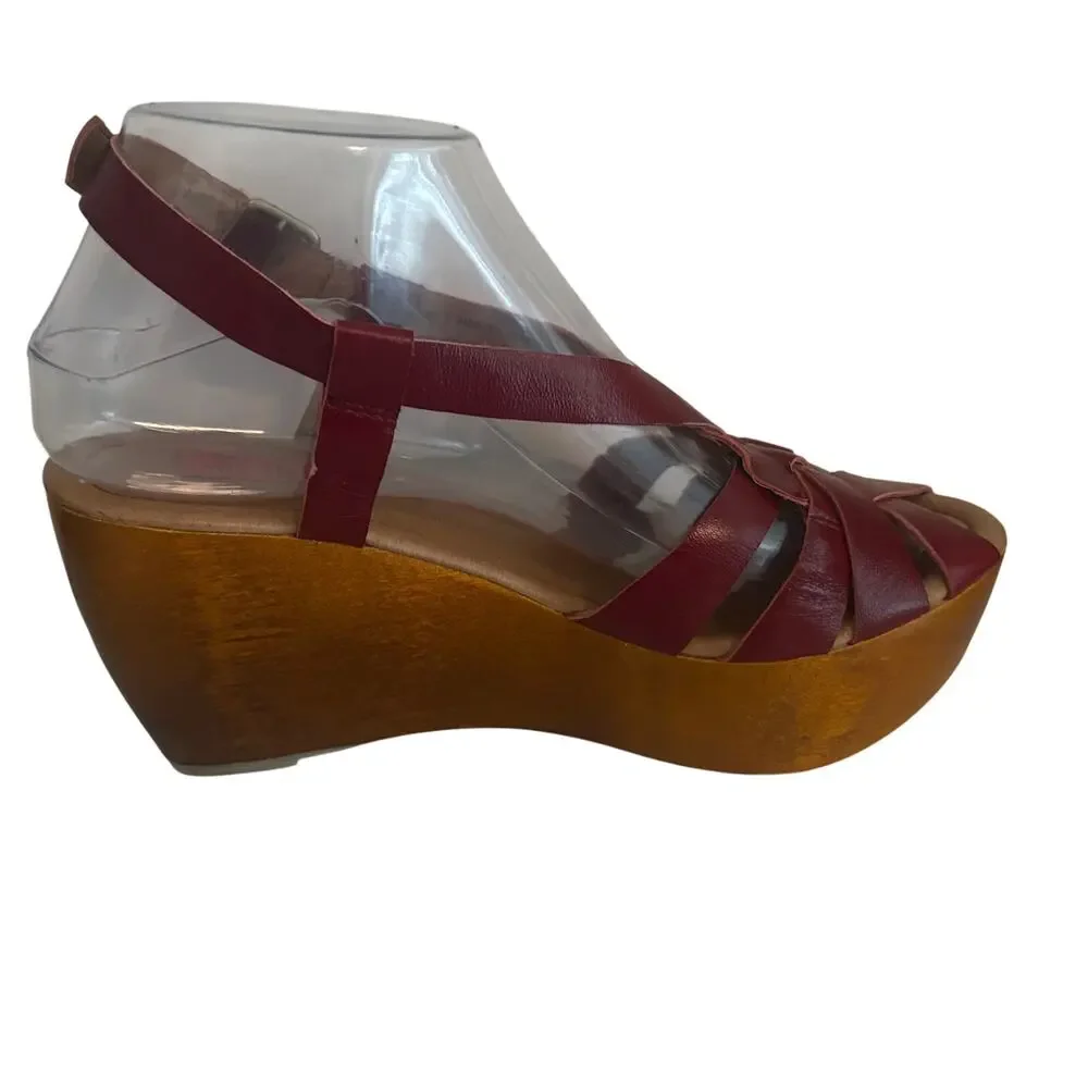 Miz Mooz Gizmo Maroon Leather Strappy Wood Wedge Slingback Sandals Basketweave